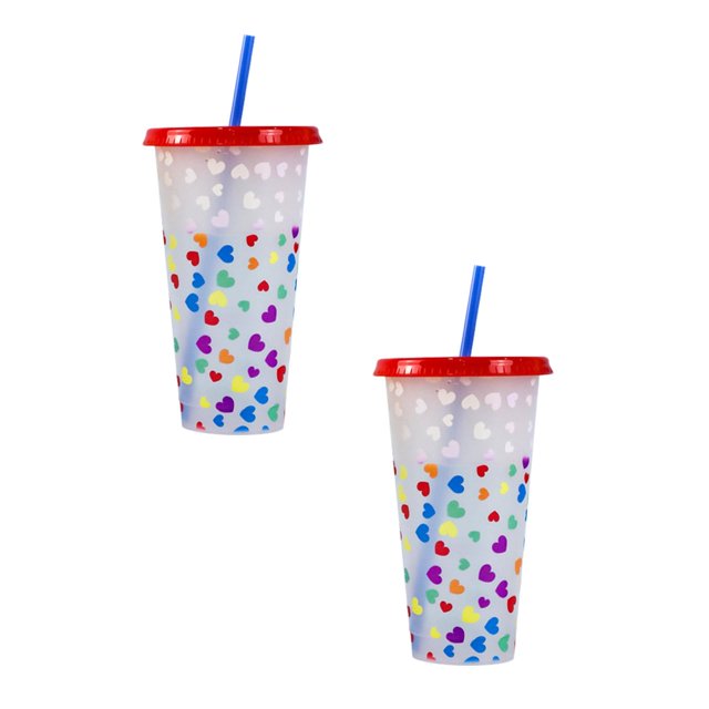 Oleegame 2PC Glass Bottle Creative Water Cup Heart Shape Cup PP Plastic Straw Cup Heart Shape Plastic Transparent Straw Cup 710ml Cold Change Temperature Sensitive Plastic Cup