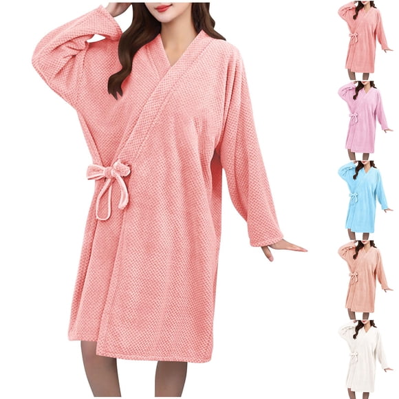 Feancey Fleece Bathrobes for Women Long Sleeve Quick Dry Spa Robe Knee Length Casual Housecoat Cozy Soft Belted Robes Loungewear Pink L