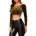 thumbnail image 4 of INSPIRE CHIC Women's Velvet Long Sleeve Off Shoulder Solid Crop Tops L Brown, 4 of 7
