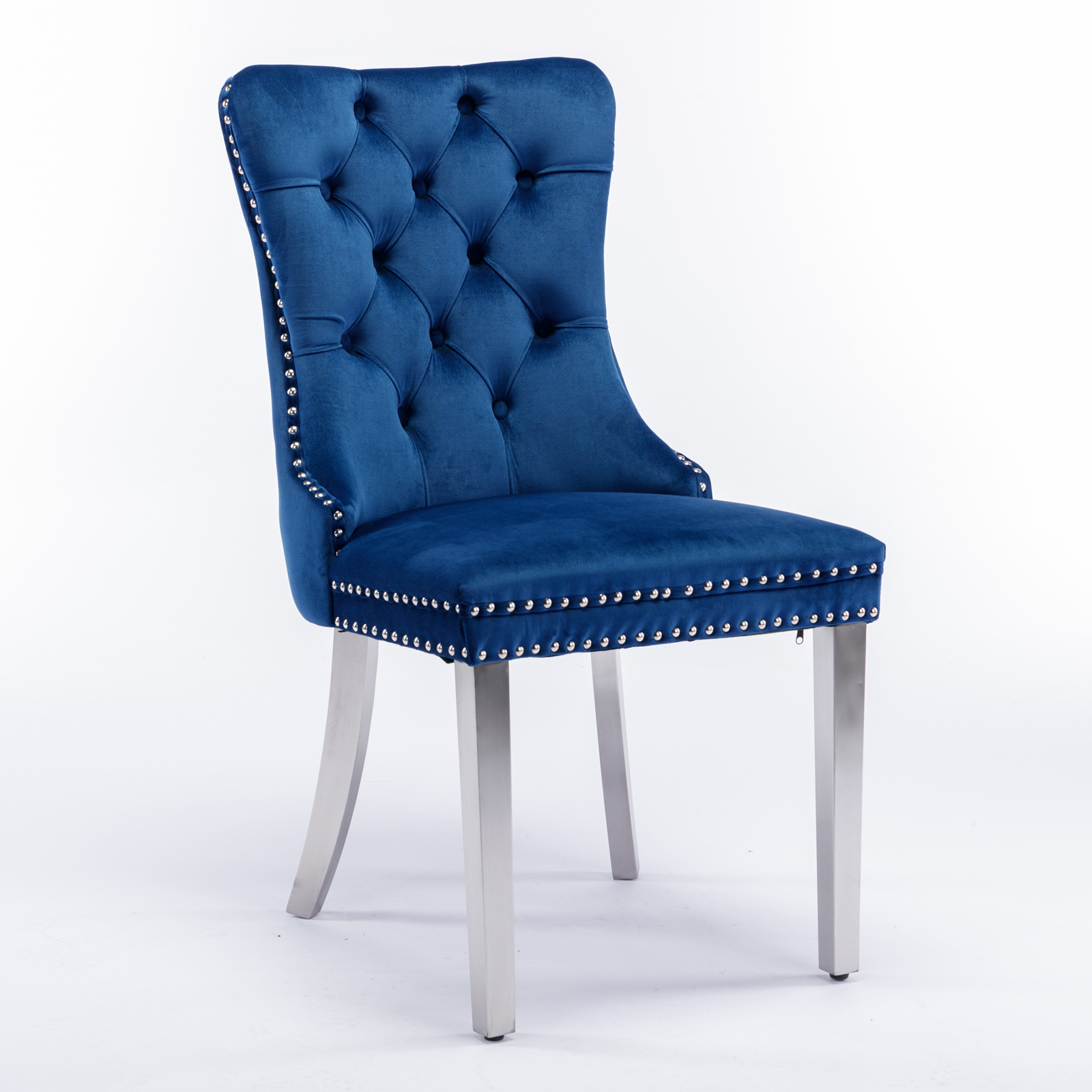 Noble House Velvet Upholstered Dining Chair Set of 2,Tufted with Siller Plated Legs & Nailhead Trim,Blue + Chrome