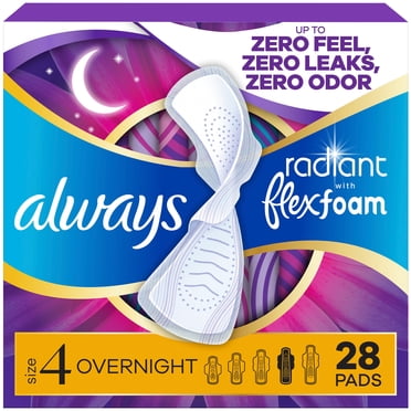 Always Radiant with FlexFoam Pads for Women, Size 4, Overnight Pad with Wings, Scented, 28 Count