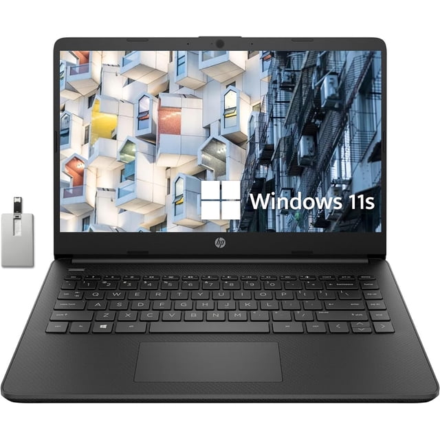 HP Premium Stream portable 14 Pouces HD BrightView Noir, avec Processeur Intel Celeron N4120, 8 Go de RAM, Stockage eMMC 64 Go, Graphiques UHD et Windows 11 S. Comprend une Caméra Web HD 720p, Bluetooth, Wi-Fi, port HDMI et une Carte USB Hotface 32 Go. Léger et portable, Idéal pour le Multitâche et les Réunions Virtuelles. l'Écran Affiche une Imagerie Architecturale Vibrante avec Windows 11 branding.