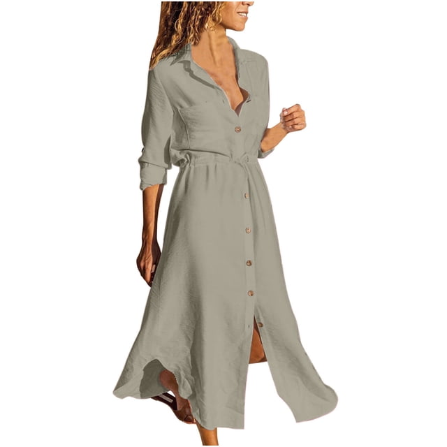 Cameland Robe Chemise à Revers à Cordon, Couleur Unie, à Simple Boutonnage, en Coton et Lin pour Femmes
