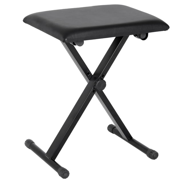 HOMCOM Adjustable Piano Bench with an X-style folding design, featuring a black faux leather padded seat and a sturdy steel frame. The bench offers 3-level height adjustment from 14.6 to 18.5 inches, suitable for both adults and teens. It includes non-slip rubber feet for stability and floor protection. Lightweight and foldable for easy storage and portability, ideal for use with pianos, keyboards, guitars, and other musical instruments.