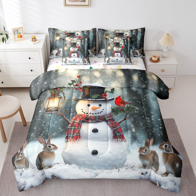 Xmas Snowman Bed in a Bag King Size Comforter Set 7 Pieces,Cute Rabbit Sheet Set with Comforter Merry Christmas Bedding Set,Xmas Snowflake Bed Set Cartoon Christmas Decorations