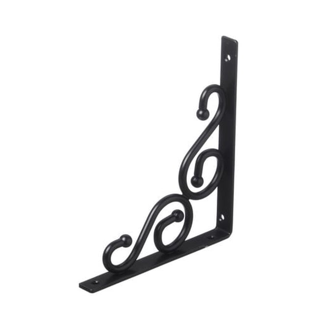 Support Décoratif Noir 7"x8" Tourbillon 1 Pce, Attelle Plate en Acier avec Fini Noir Mat, design Tourbillon et Trous Pré-Percés pour Montage, Convient pour Renforcer des Tablettes Ou des Coins dans des Projets de Quincaillerie de Rénovation Domiciliaire.