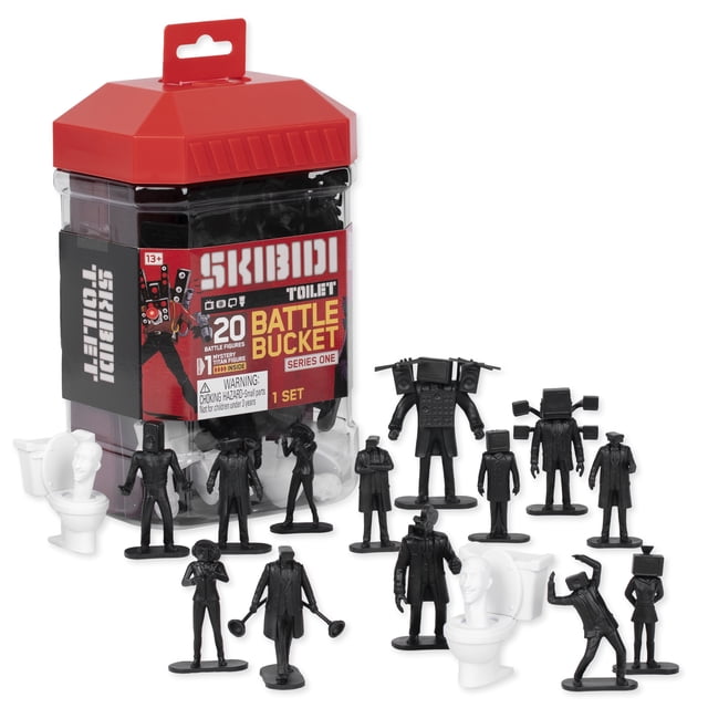 Skibidi Toilet Seau de Combat avec 20 mini Figurines Noires de Collection de la Série web Skibidi Toilet, Incluant des Personnages Humanoïdes avec des Têtes d'Appareils Électroniques et des Figurines sur le Thème des Toilettes, Présenté avec Trois Petits Accessoires de Toilettes Blancs et le Contenant de Seau en Plastique Transparent à Couvercle Rouge.