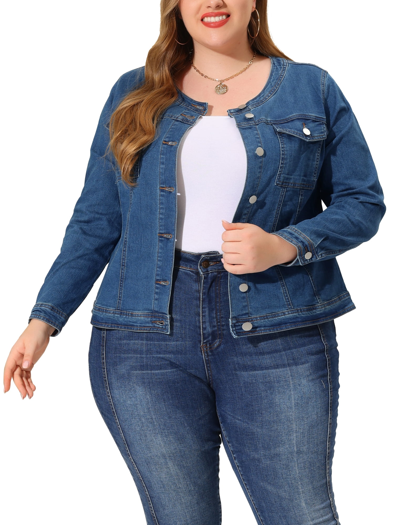 GRACE & GRANDEUR Veste en Jean pour Femme Grande Taille à Manches Longues Sans Col Veste en Denim