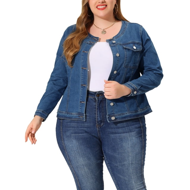 GRACE & GRANDEUR Veste en Jean pour Femme Grande Taille à Manches Longues Sans Col Veste en Denim
