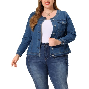 GRACE & GRANDEUR Women's Plus Jean Jacket Long Sleeves Collarless Denim Jacket