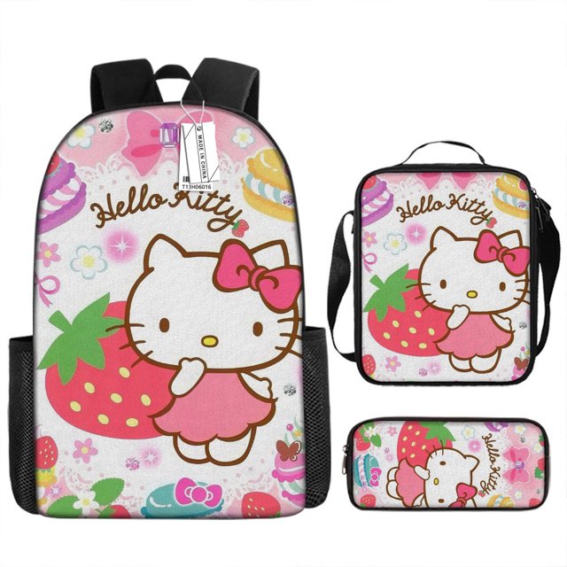 New schoolbag cute Hello Kitty backpack lunch bag pencil case three-piece set designed for kids, featuring vibrant Hello Kitty graphics, strawberries, and whimsical patterns. Includes a backpack with adjustable straps, a lunch bag with a carry handle, and a pencil case, ideal for school supplies.