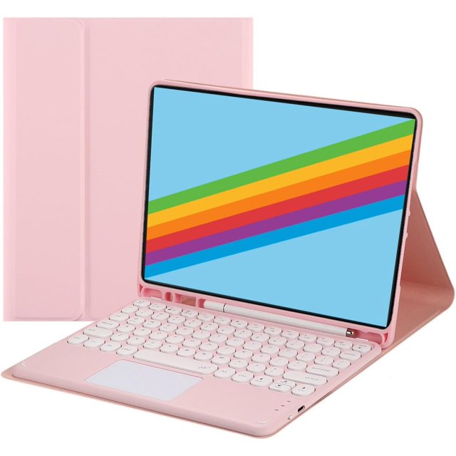 Touch Keyboard Case for iPad 9th, 8th, and 7th Generation (2021/2020/2019) 10.2 Inch in a soft pink finish. Features a magnetically detachable Bluetooth keyboard with a built-in touchpad, transforming the iPad into a laptop-like device. Includes a built-in Apple Pencil holder for secure storage. The case is made of smooth TPU material with a non-slip design, supporting multiple viewing angles. Compatible with specific iPad models only.