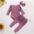 thumbnail image 2 of dmqupv Short Romper Outfit Set Girl Baby Girls Three Piece Ribbed Ruffle Long Sleeve Bodysuit And Pants Set With Bow Purple,Size for 3-6 Months, 2 of 5