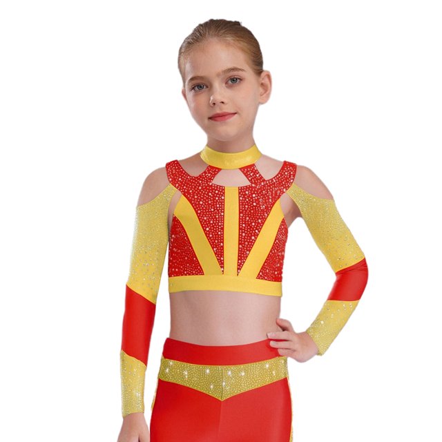 YiZYiF Girls Acrobatics Dance Tops Long Sleeve Rhinestone Shiny Color Block Cross Back Cutout for Gymnastics Sport Wear Red 6