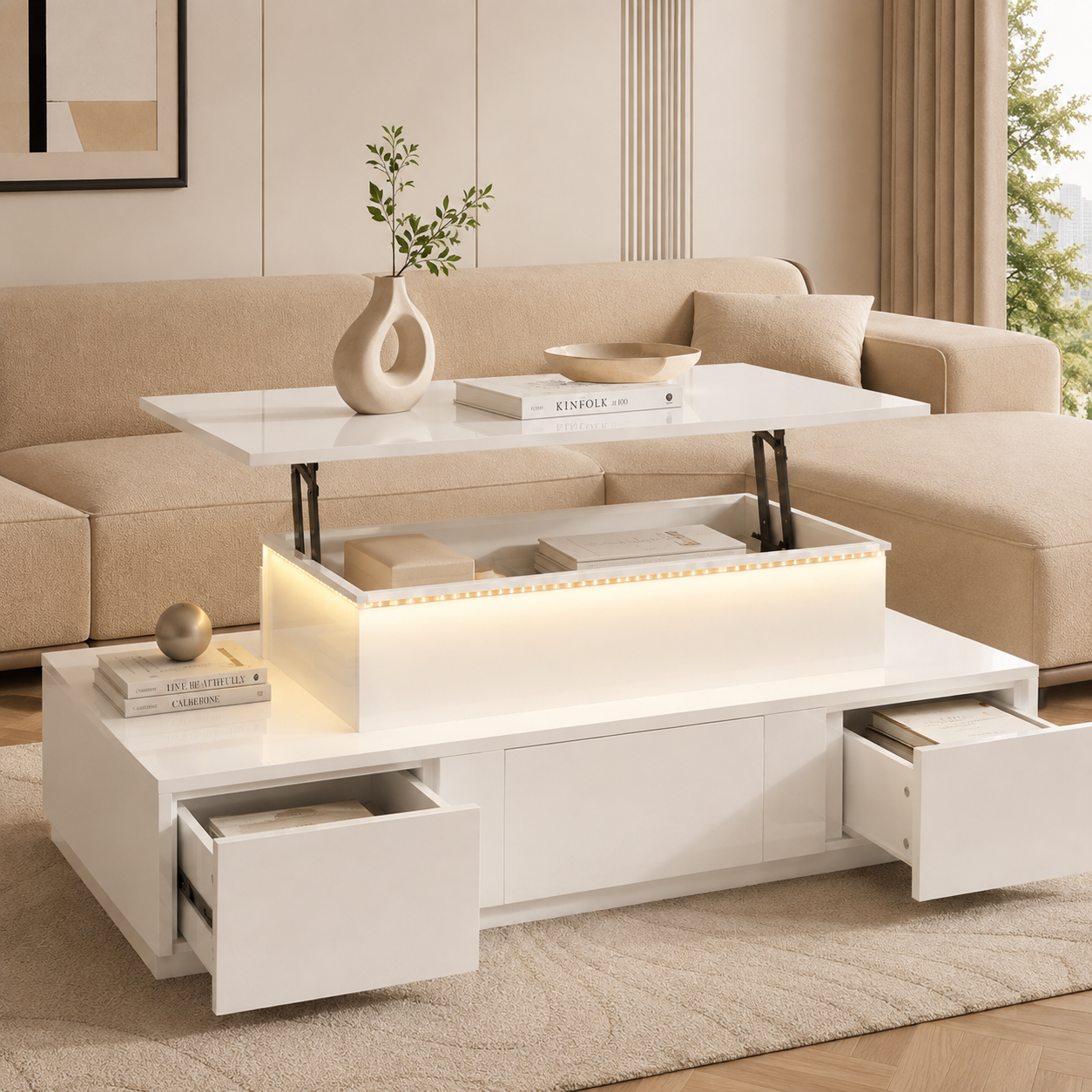 Homy Casa table basse blanche relevable avec 4 tiroirs, lumières LED et rangement caché pour salon