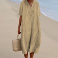 thumbnail image 2 of Birdeem Robe Décontractée à Manches Courtes en Coton et Lin Uni Col en V Printemps et Été pour Femmes, 2 of 6