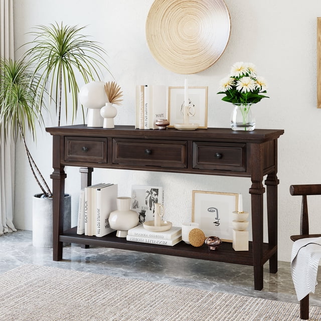 Table Console de Style Rétro Classique avec Trois Tiroirs Supérieurs et Tablette Inférieure Ouverte pour Entrée, Couloir et Salon