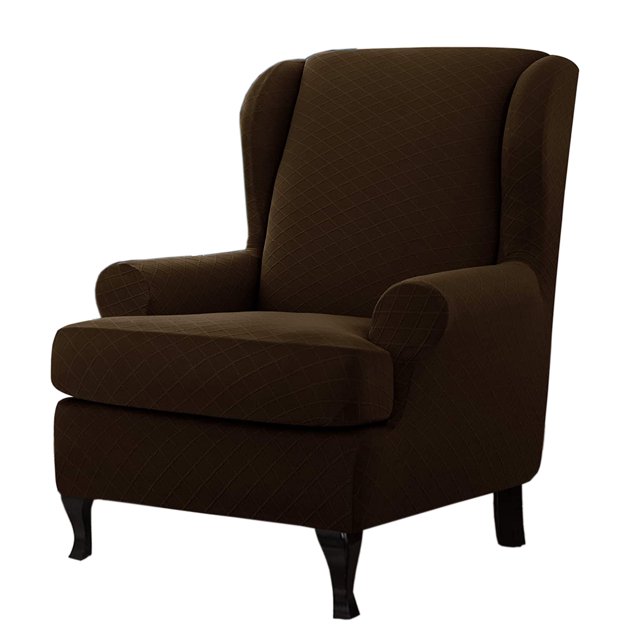 Premium Water Repellent Wingback Chair Cover in chocolate color, made from high-stretch jacquard fabric (85% polyester and 15% spandex). Designed to fit standard wingback chairs with T or box cushions, measuring 31.5 x 36.22 x 43.31 inches. Features a two-piece design with a base slipcover and a cushion slipcover, offering full protection against spills, stains, and wear. The elasticized bottom and strapless design ensure a snug fit. Suitable for both cloth and leather chairs. Easy to install and maintain, machine washable, and tumble dry low.