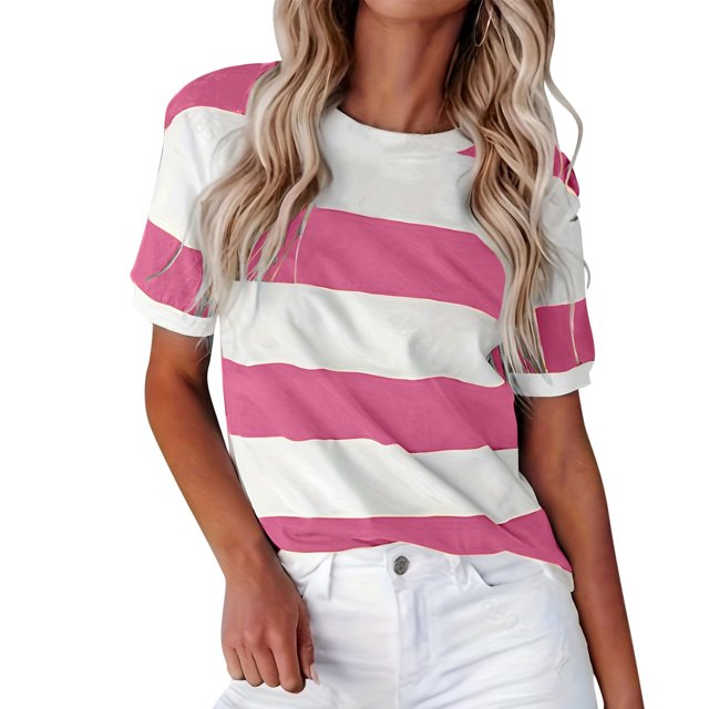 2025 Été Nouveau Européen et Chandail à Manches Longues Femme Bordure Rayé Imprimé Col Rond Chandail de Compression pour Femmes Col Court Manches Courtes Décontracté Col Rond Chandails à Manches Longues pour Femmes T-Shirt