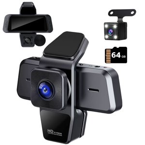 Cam Cam avant et arrière avec caméra intérieure, 2K+1080P 3-Channel Caméra de voiture 3,16'' IPS, WiFi Caméra de chasse avec vision nocturne, mode de stationnement, G-Sensor, verrouillage d'urgence avec 64GB Carte incluse