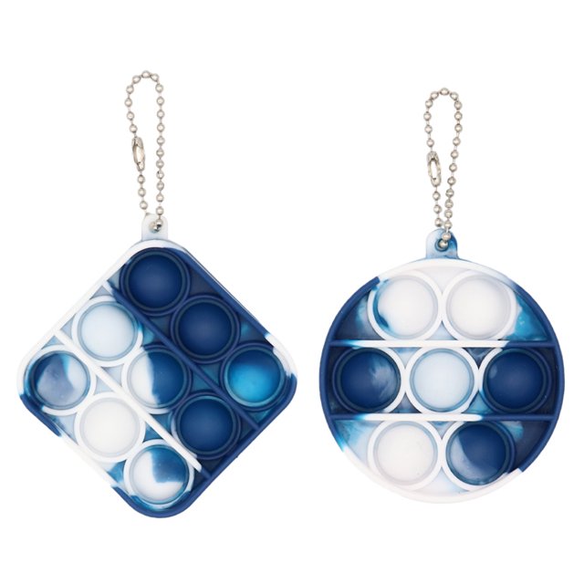 Mini Pop Toy, Keychain Pop Bubble Popping Sensory Toy, for Kids Adults (2pcs). A set of two sensory keychain toys featuring a circular and square design with blue and white bubble patterns. Each toy includes a metal chain for easy attachment to bags or keys. Lightweight, durable, and portable, suitable for stress relief and travel.