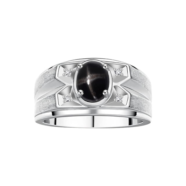 RYLOS Men's Rings Sterling Silver Rings Classic Designer Style 8X6MM Gemstone & Diamond Ring Black Star Sapphire March Birthstone Rings For Men, Size 12
