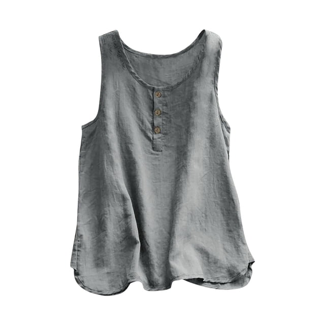 Dealovy Débardeurs Grande Taille pour Femmes Coton Lin Col Rond T-Shirts d'Été Blouses Sans Manches Amples Unies