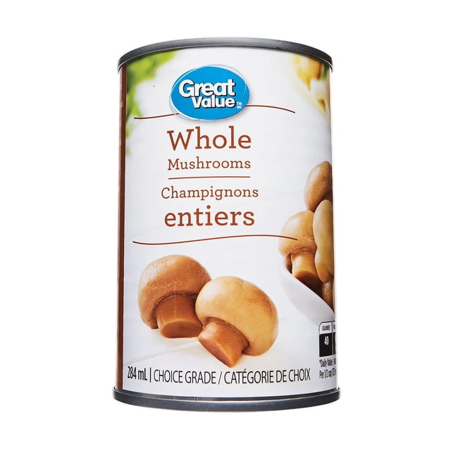 Great Value Champignons Entiers Légumes en Conserve dans une Conserve Métallique de 284 ml avec une Étiquette Blanche Présentant Deux Champignons Bruns Entiers et un Texte Bilingue Anglais-Français, Convient au Rangement des Aliments du Garde-Manger et à la Cuisson.