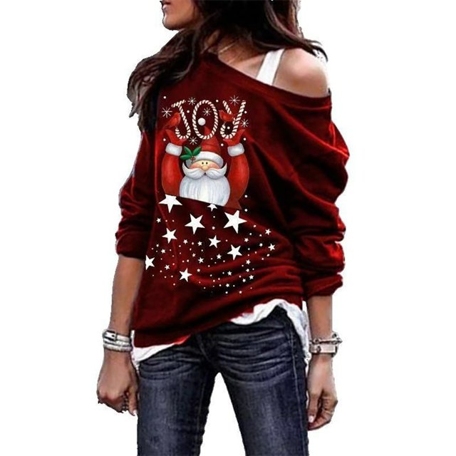 Chandail en Molleton de Noël Épaules Dénudées Chandail Père Noël Col Rond pour Femme