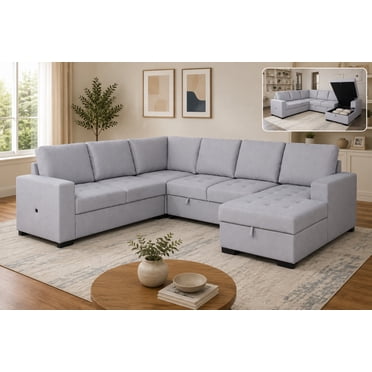 K-Living Xander Sectional Sofa Bed in Grey Fabric with Built-In USB Port for Living Room