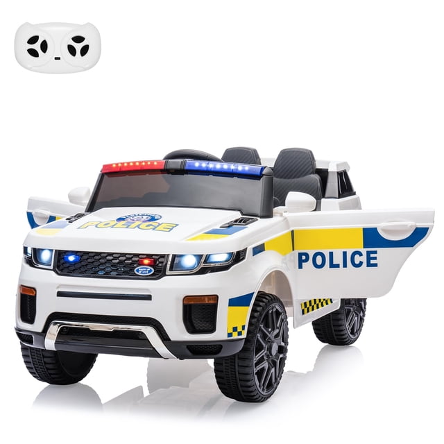 Towallmark 12V Kids Ride On Police Car SUV in white, designed for toddlers, featuring a realistic police car design with flashing lights, LED headlights, and a megaphone. The electric ride-on toy includes a 2.4G remote control for parental guidance, spring suspension for smooth rides, and entertainment features like music playback and a USB port. The car has a retractable handle for easy transport and measures 42.52 inches in length, 27.56 inches in width, and 20.87 inches in height. Suitable for outdoor play and powered by a 12V rechargeable battery.