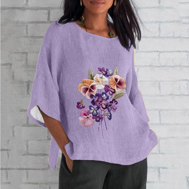 Blouses pour Femmes, Mode Décontractée de Sensibilisation à la Maladie d'Alzheimer pour Femmes, Chemise/blouse Courte à Manches 3/4 Imprimée en Coton, Coupe Ample