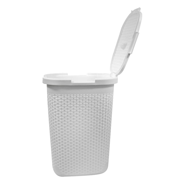 Modern Homes 60L Laundry Hamper White with a front-facing view showing its rectangular shape and woven rattan-style texture, featuring a hinged lid open at the top. Durable and easy to clean, it offers practical laundry storage and organization.