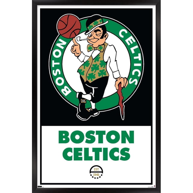 NBA Boston Celtics - Logo 21 Wall Poster, 14.725" x 22.375" featuring the Boston Celtics mascot spinning a basketball on his finger inside a green circular logo with 'BOSTON CELTICS' text around it, with bold green 'BOSTON CELTICS' lettering and 'EST. 1946' below on a white background, framed in black, ideal for sports fan room decor.