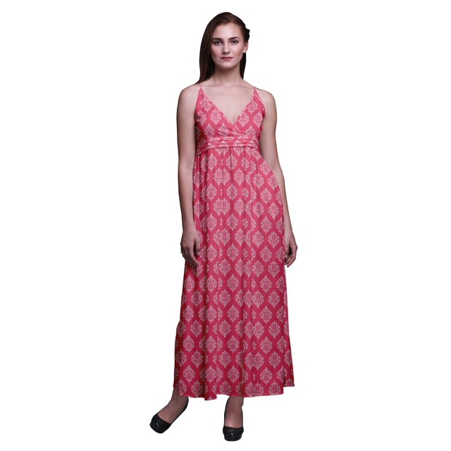 Bimba Robe Longue Maxi d'Été à Bretelles Spaghetti Ajustables Imprimée Damassée pour la Plage - Moyen