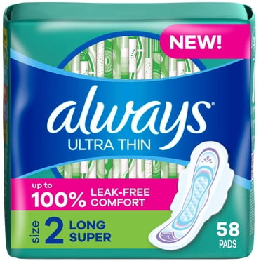 Always Pads For Women Ultra Thin With Wings, Size 2, Long Super Absorbency, Unscented 58 Count