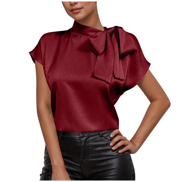 Pisexur Hauts pour Femmes Blouses pour Femmes Mode Décontractée Chic Été Couleur Unie Col Rond Manches Courtes Chemises Haut Blouse, Hauts pour Femmes Tendance Vin, m