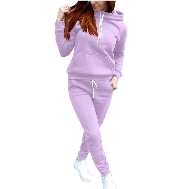 Timegard Ensembles 2 Pcs pour Femmes, Chandail à Capuchon à Cordon, Manches Longues, Chandail Molletonné à Enfiler, Pantalon de Survêtement à Bas Resserré avec Poches