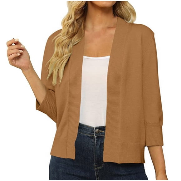 Xdegoge Womens 3/4 Sleeve Cropped Cardigan Sweater Casual Lightweight Open Front Cardigan Fashion Short Shrugs Cardigans Lightweight Sweaters Plus Size Clothes Coffee S