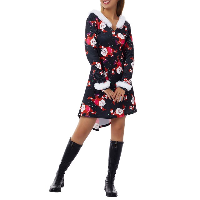 FOCUSNORM Robe de Noël Juniors pour Femmes Manches Longues en Peluche Col en V Dessin Animé Fête Midi