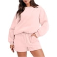 thumbnail image 1 of Ensemble de Survêtement pour Femmes avec Shorts, Tenue 2 Pcs pour Femmes pour l'Automne, Chandails à Manches Longues Décontractés Surdimensionnés à Col Ras du Cou, Shorts à Taille Élastique, Ensembles Assortis Roses, 1 of 7