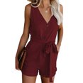 thumbnail image 3 of FOCUSNORM Summer Women Off-the-shoulder V-neck Solid Color Sleeveless Playsuit, 3 of 8