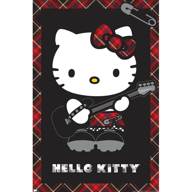 Hello Kitty - Punk Wall Poster, 22.375" x 34" featuring Hello Kitty holding a black electric guitar, wearing a red and black plaid bow and skirt with safety pin detail, set against a black background framed by a red plaid pattern with distressed white 'HELLO KITTY' text at the bottom, suitable for punk-themed room decor or party decoration.