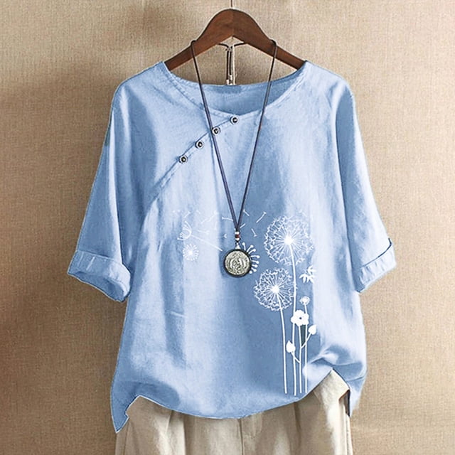 Jienlioq Hauts pour Femmes en Liquidation Mode Décontractée Bouton Imprimé Floral Col Rond Manches Courtes T-Shirt Blouse tops Flash Picks