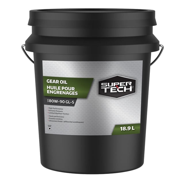 SuperTech Gear Oil SAE 80W-90 GL-5 18.9L Pail front-facing gear lubricant pail with carry handle and screw lid, labeled SAE 80W-90 GL-5; formulated with anti-wear and anti-friction additives, oxidation and corrosion inhibitors for differentials, manual transmissions and limited-slip axles.