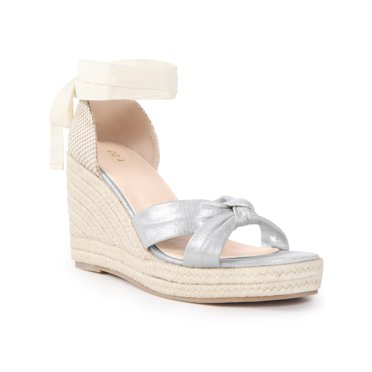 BLISSFUL STEP Sandales Compensées Espadrilles à Plateforme à Lacets pour Femmes Argent 7,5