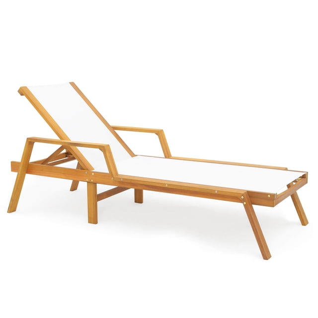 Costway 1 PCS Outdoor Chaise Lounge with Adjustable 5-position Backrest Solid Wood Frame