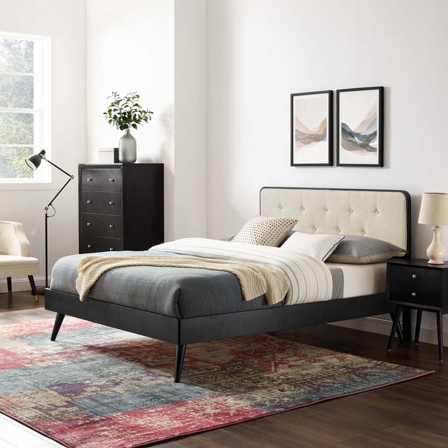 Modway Bridgette Lit Plateforme Très Grand en Bois avec Pattes Évasées, Noir/beige