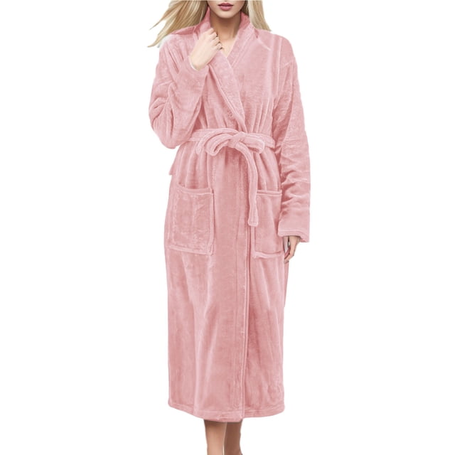 Kcodviy robes for women long, crafted from soft pink teddy fleece material with a hood, waist tie, and two side pockets. This plus-size bathrobe is lightweight, durable, and ideal for loungewear, post-shower use, or as women's robes for cozy relaxation.