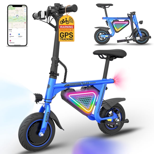 Gyrocopters Radi8 Electric scooter in blue, UL 2272 certified for safety, offering a 25 km range and a top speed of 25 km/h. Features include rear disc brakes, customizable LED lights, a clear LCD display for speed and battery level, and 10x2.1-inch rubber tires for stability. The scooter has a push-to-start mechanism, weighs 12.8 kg, and is IP54 water-resistant. It includes a bright front light, taillight, and a free anti-theft GPS tracker compatible with iOS devices.